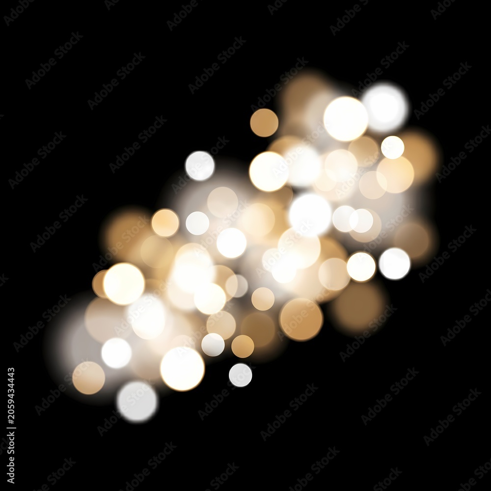 Fototapeta premium Golden bokeh light circles creating abstract warm glow effect on solid black background studio.