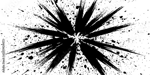 Photos An abstract black ink splash bursts outward with energetic splatters on a white background, symbolizing raw power and chaotic creation