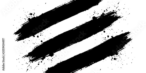 Three bold black brush strokes with paint splatter overlay creating a dynamic abstract graphic design.
