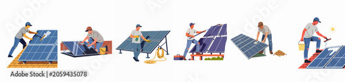 Fotografie Illustrations of professional workers cleaning and maintaining solar panels on roofs and ground mounts to ensure optimal renewable energy efficiency and system performance