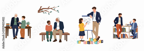 Collection of flat vector illustrations showing mentors, tutors, and teachers providing individual guidance and education to diverse students in various learning environments.