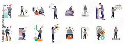 Collection of flat style illustrations showing professionals engaged in coding, data analysis, mobile app development, server maintenance, and digital project management tasks.