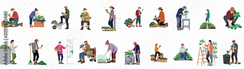 A comprehensive collection of diverse male and female farmers and gardeners engaged in various agricultural activities, flat vector illustrations on a white background.