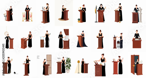 Large collection of elegant female hostess illustrations in formal black attire managing podiums for restaurant, hotel, and luxury event hospitality services.