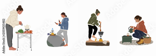 Set of flat illustrations featuring women cooking and preparing drinks outdoors using portable camping stoves, perfect for outdoor lifestyle and adventure themes.