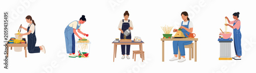 Set of flat illustrations showing female educators engaged in noodle sensory play activities for early childhood development and learning.