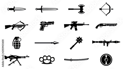 Konstfotografi Various weapons and firearms on display in a neutral setting for reference