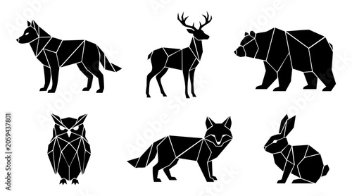 Canvas Print Collection of wild forest animals featuring geometric vector silhouettes isolate
