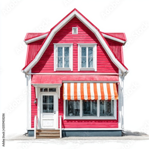Bright red wooden house with striped awning and white trim on white background.