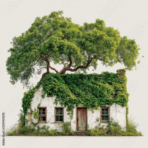 Abandoned house overgrown with vines and large tree on rooftop.