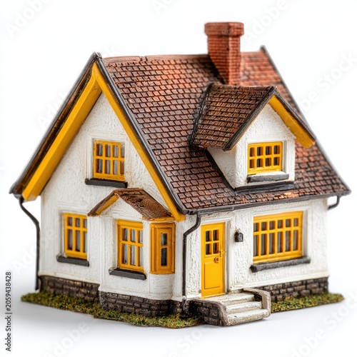 Miniature model of a charming two-story house with yellow windows and doors on a white background.