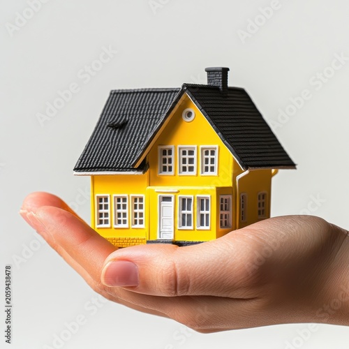 Small yellow toy house model held delicately in open human palm against grey background.