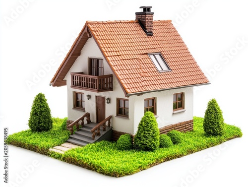 Miniature detached house model with green grass lawn and neat bushes on white background.