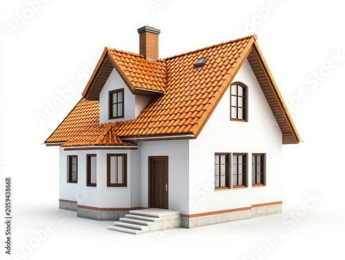 Modern white house with orange tiled roof, brick foundation, and dark brown windows.