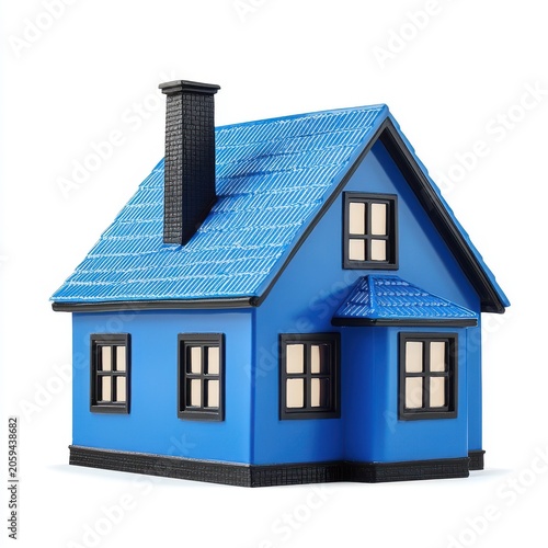 Small blue house miniature with black roof and chimney isolated on white background.