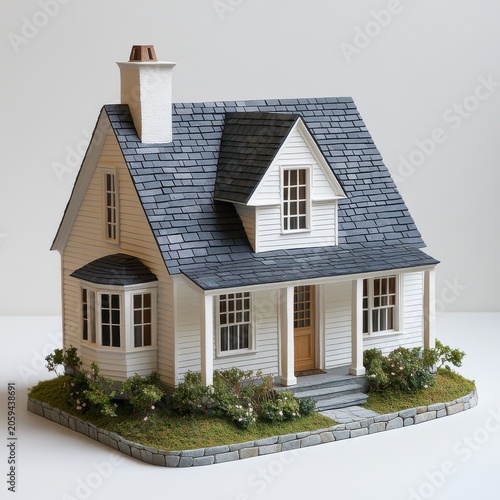 Charming white cottage model with grey shingle roof and bay window detailed miniature landscape.