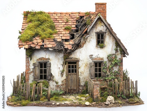 Dilapidated abandoned house overgrown with moss and vines, showing decay and neglect in a rustic setting.