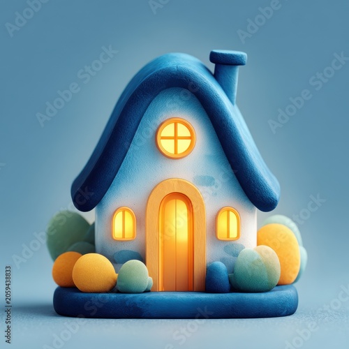 Whimsical cartoon house with a blue arched roof, glowing windows, and soft rounded shapes, fairytale design.