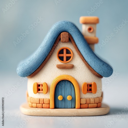 Adorable small house made of clay with blue roof and orange accents, cute toy architecture.
