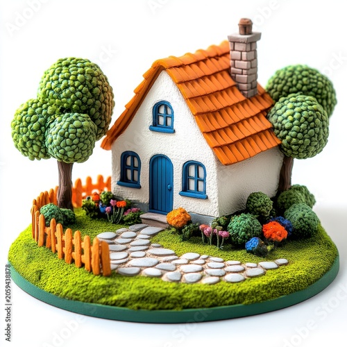 Charming miniature cottage with orange tiled roof, blue door, and surrounding green garden.