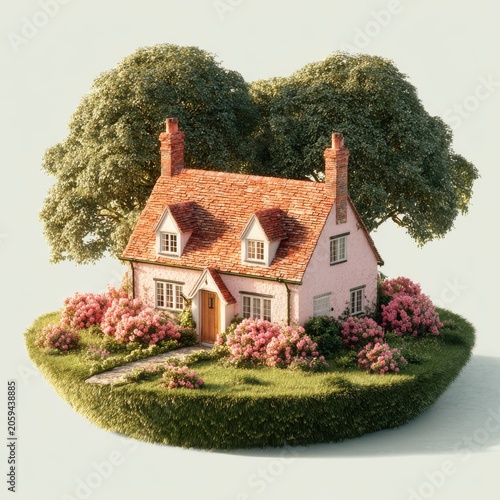 Pink cottage home nestled amongst trees and flowering bushes on a small grassy island.