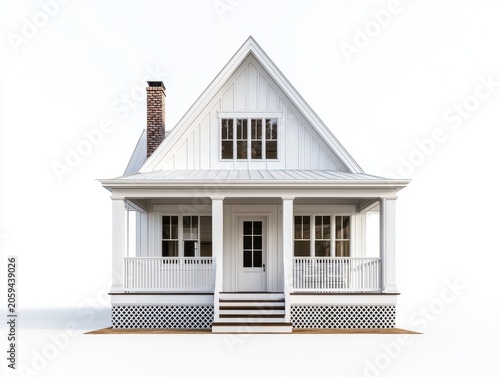 Charming white farmhouse with wrap around porch and classic details stands out.