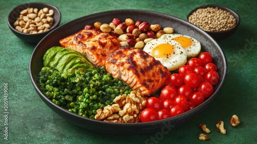 Colorful, healthy bowl with salmon, eggs, greens, nuts, and veggies