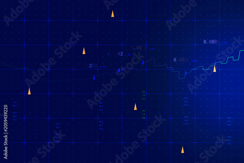 Blue digital analytics grid with subtle trend line, numeric indicators and markers. Abstract financial dashboard background for stock market data, forex trading, business intelligence and fintech.