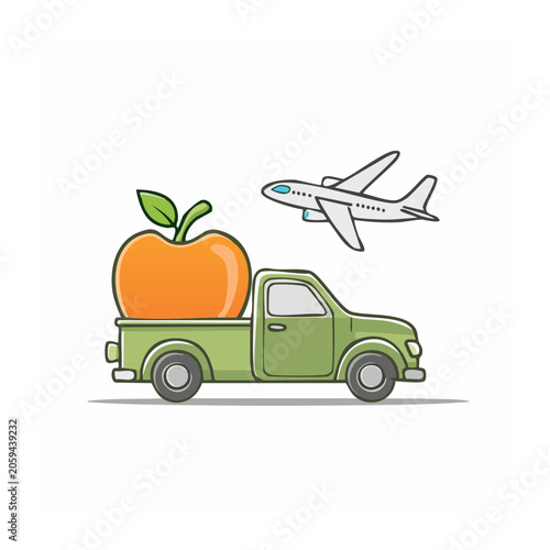 Green Truck Carrying Giant Apple with Airplane in Background