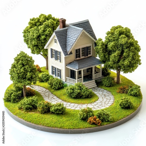 Charming cream colored house model surrounded by lush green trees and bushes.