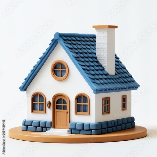 Charming cartoon house with blue roof and chimney isolated on white background vector illustration.