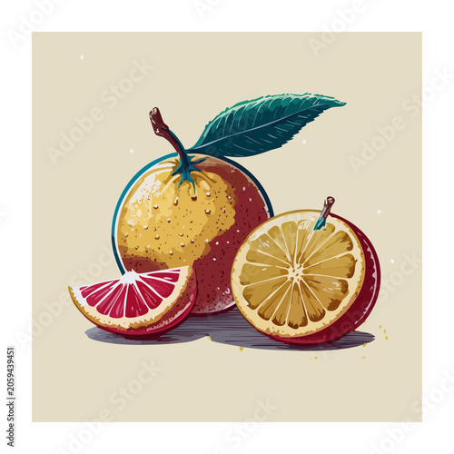 Watercolor illustration of citrus fruits with leaf