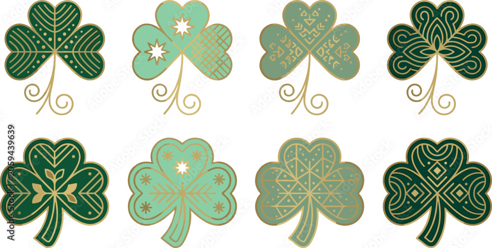 Fototapeta premium Elegant Saint Patricks Day Shamrock Icon Set with Luxury Gold Geometric Patterns and Ornamental Clovers for Irish Holiday Graphic Designs