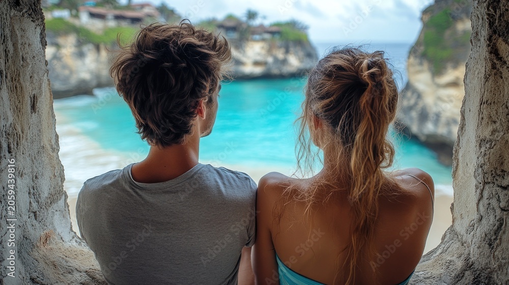 Fototapeta premium Couple views tropical beach through archway