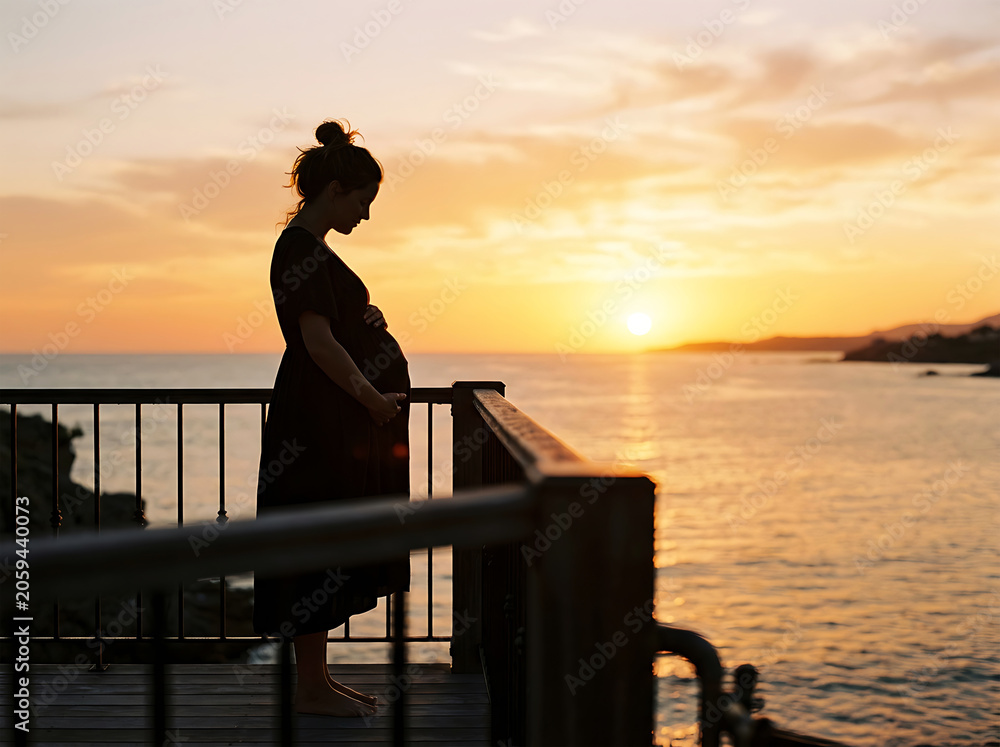 Fototapeta premium Pregnant woman silhouette on balcony overlooking ocean at sunset image