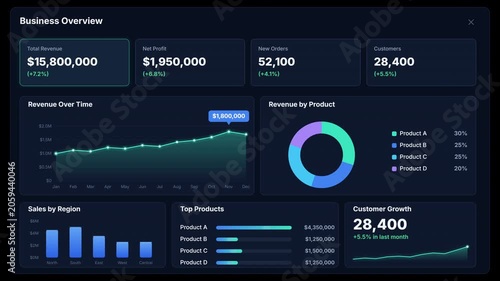 Animation of a business overview dashboard displaying revenue and user growth charts on a deep black background