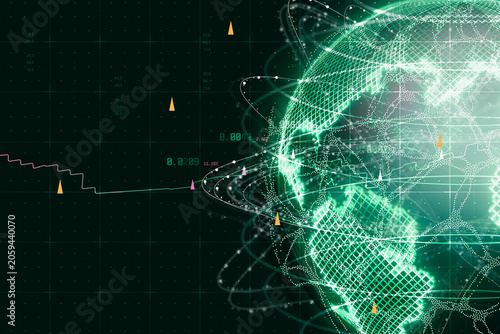 Global financial technology concept with digital globe, market data visualization and analytical charts on background. Fintech, investment analytics, global trading and economic intelligence.