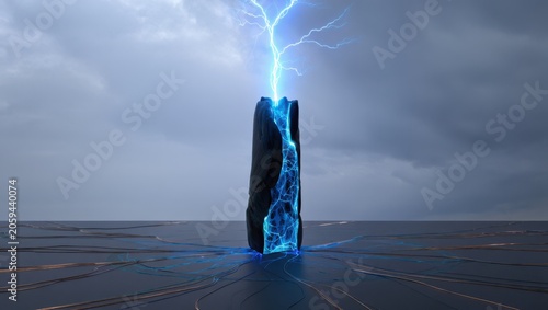 Powerful energy surge from ancient monolith striking into stormy sky with electric blue lightning effects