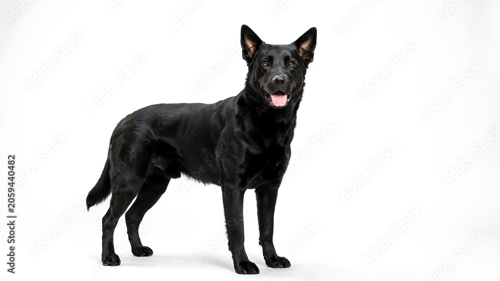Fototapeta premium Black Dog Standing in Studio on White Background with Soft Lighting Portrait