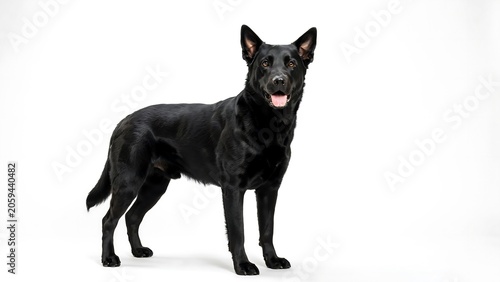 Black Dog Standing in Studio on White Background with Soft Lighting Portrait