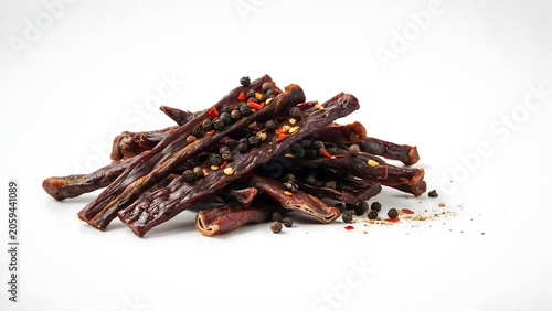 Freshly cut cinnamon sticks pile on white background minimalist composition