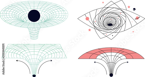 Tableau sur toile Spacetime Curvature and Gravitational Well Vector Diagram Set Illustrating Black