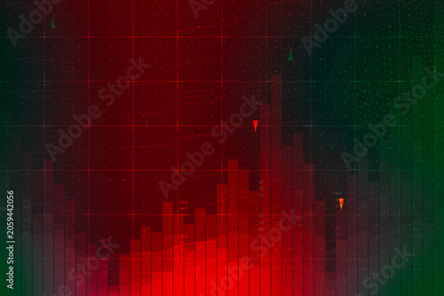 Stock market background with red and green financial charts, trading data numbers and analytics grid. Global economic crisis, investment risk or fintech stock exchange trend banner concept.