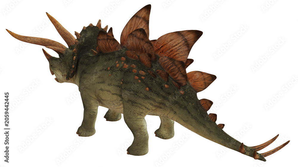 Fototapeta premium Realistic 3D dinosaur model with large spikes and horns.
