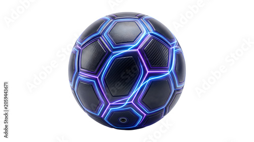 Futuristic soccer ball with glowing blue neon lines, high-tech black football with electric light effects, modern sports equipment on white background