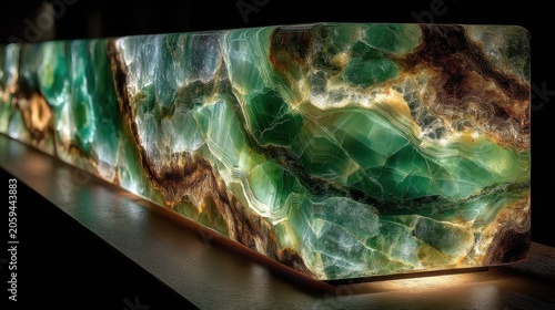 Angled view of a backlit green onyx pattern slab featuring organic marble veining and luminous depth. This stone texture has a spa luxury aesthetic for design.