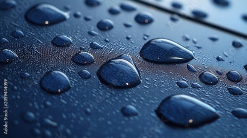 Hydrophobic treatment surface effect water droplets beading on textured blue material demonstrating water repulsion properties high contact angles macro photography