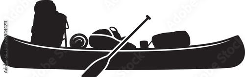 Canoe camping gear backpack and paddle profile silhouette in solid style on white background