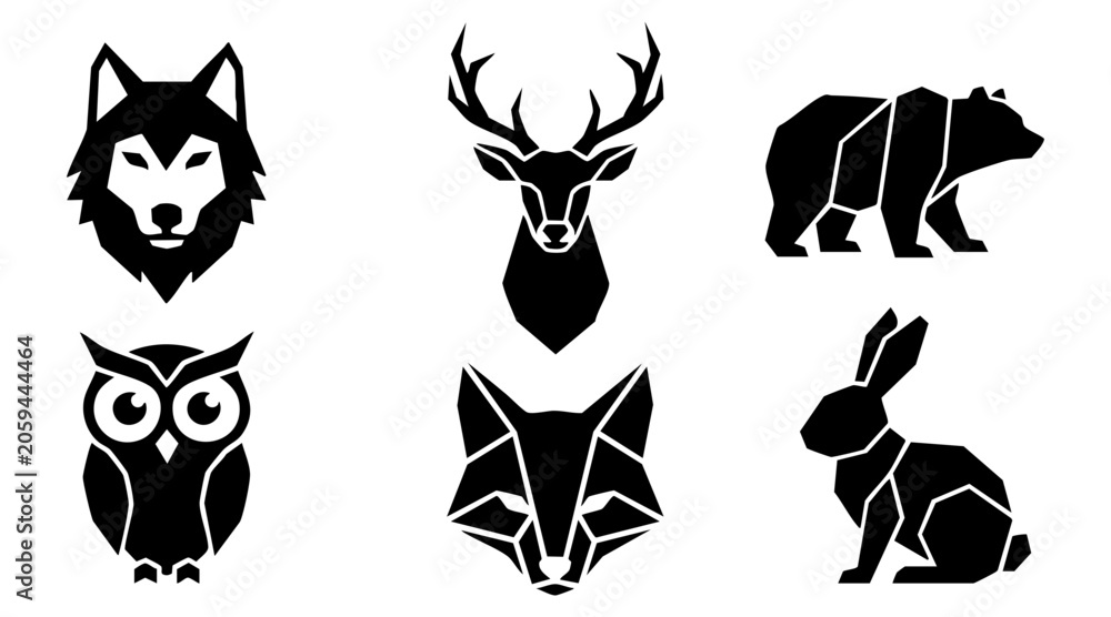 Fototapeta premium Minimalist black and white vector graphic set featuring stylized geometric wild forest animal silhouette icons