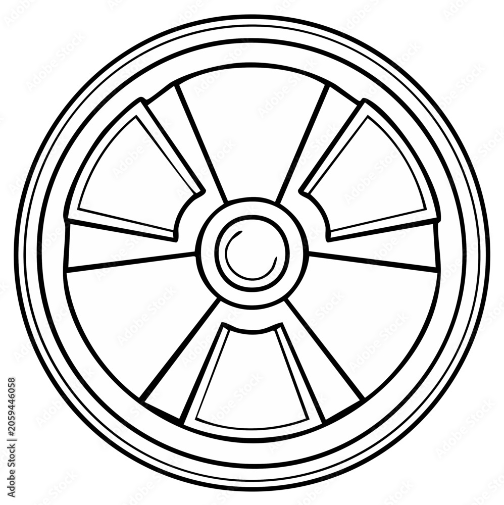 Fototapeta premium Black and white symbol of a wheel with spokes and a central circle